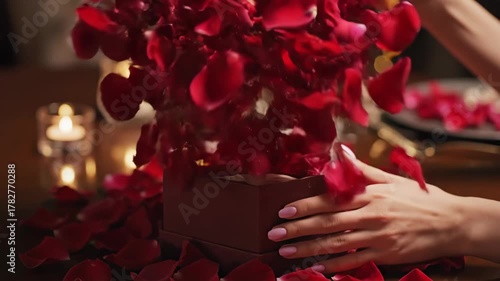 Hands unwrapping gift box with ribbon surrounded by rose petals