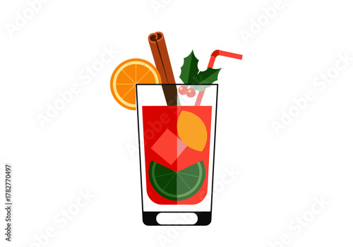 Holiday cocktail with cinnamon, orange, and lime in glass  