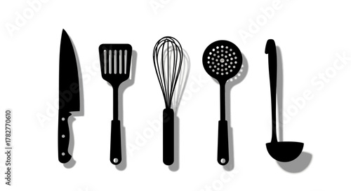 Silhouette of Kitchen Utensils Knife Spatula Whisk Skimmer and Ladle. Vector Illustrations. EPS Editable