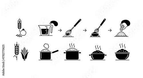 Stepbystep guide to cooking rice with illustrations. Vector Illustrations. EPS Editable