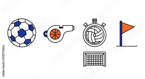 Sports equipment icons for soccer and volleyball games. Vector Illustrations. EPS Editable