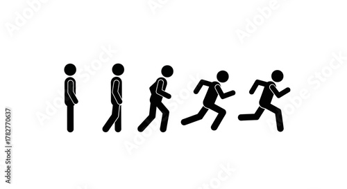 Stick Figure Animation Sequence From Standing Still to Full Run. Vector Illustrations. EPS Editable