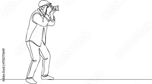Dynamic minimalist outline drawing of a photographer capturing the perfect shot, great for artistic concepts and creative content