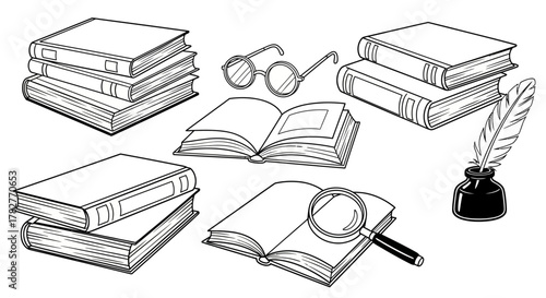 Vintage Books and Study Tools Illustration for Education and Literature. Vector Illustrations. EPS Editable