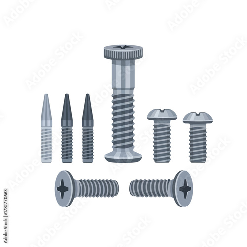 Assortment of Screws and Fasteners for Various Applications. Vector Illustrations. EPS Editable