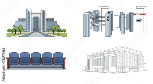 Architectural and Technological Illustrations Building Security and Seating. Vector Illustrations. EPS Editable