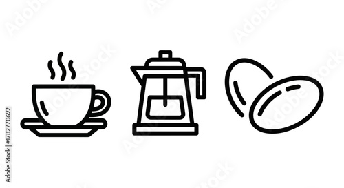 Coffee Icons Cup Pot and Beans in Simple Line Art. Vector Illustrations. EPS Editable