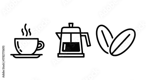 Coffee Icons Cup French Press and Coffee Beans Illustration. Vector Illustrations. EPS Editable