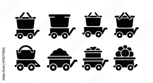 Collection of Minecart Icons with Various Contents. Vector Illustrations. EPS Editable
