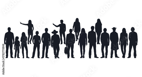 Diverse Group of People Silhouettes Standing Together in Unity. Vector Illustrations. EPS Editable