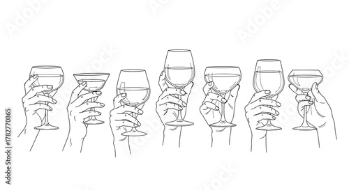 Elegant Hands Holding Wine Glasses A Toast to Celebration. Vector Illustrations. EPS Editable