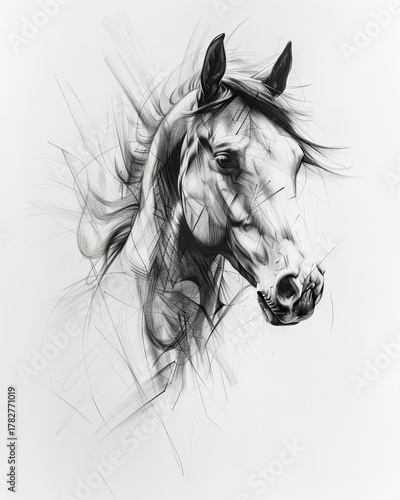 Dynamic sketch of horse with flowing mane and expressive eyes in motion