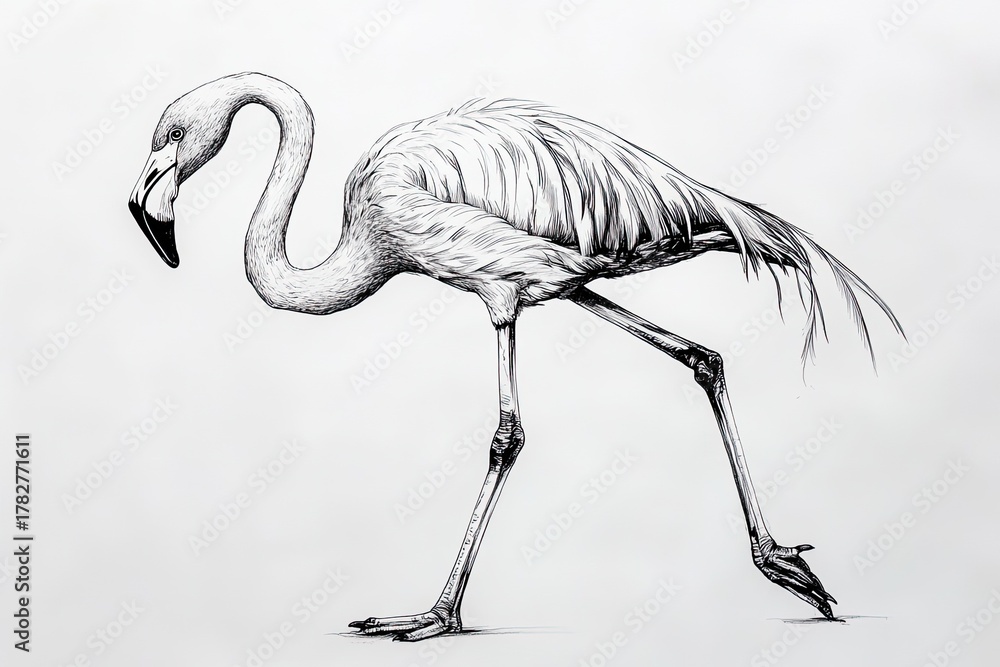 Obraz premium Detailed charcoal drawing of a walking flamingo on white background