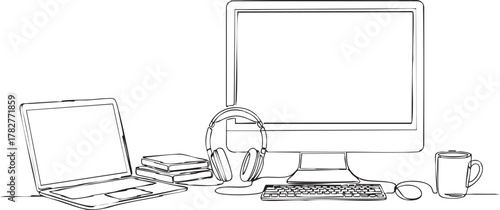 Elegant outline illustration of a modern workspace with laptop, monitor and headphones for creative projects and presentations