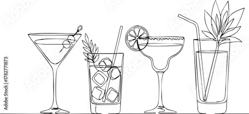 Elegant line art illustration of refreshing cocktails for sophisticated bar menus and vibrant summer promotions, evoking relaxation and fun