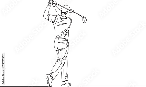 Elegant continuous line art of a golfer swinging for success on the green, perfect for sports designs and promotional materials