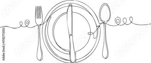 Elegant single line art of dining set, perfect for restaurant branding or invitation designs in a stylish and minimalist aesthetic