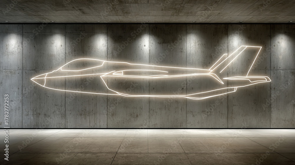 Obraz premium neon line drawing of a military fighter jet on a dark concrete wall, copy and text space