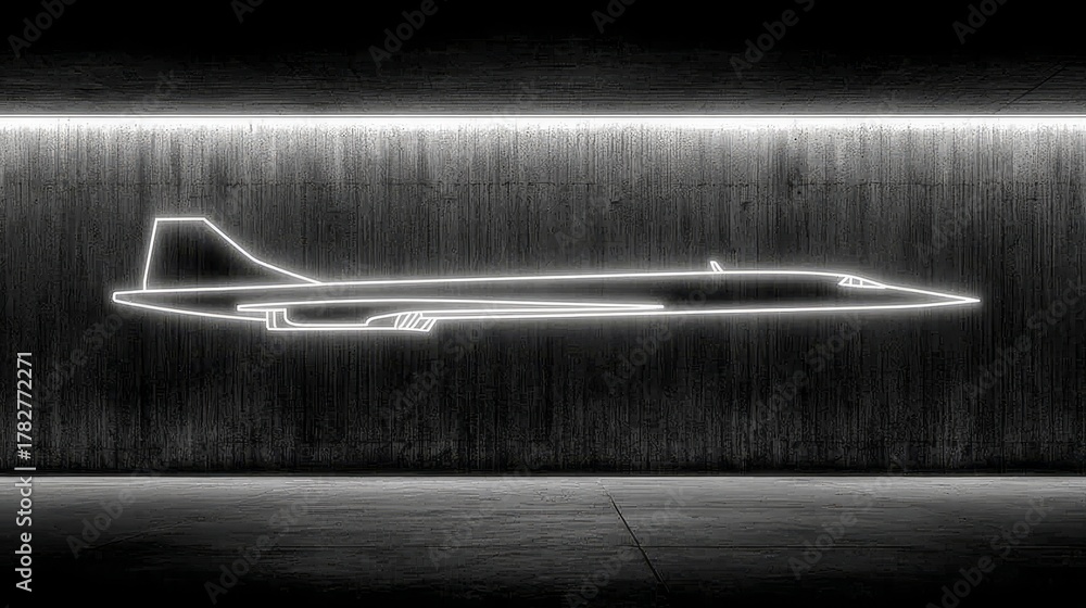 Fototapeta premium neon line drawing of a military fighter jet on a dark concrete wall, copy and text space