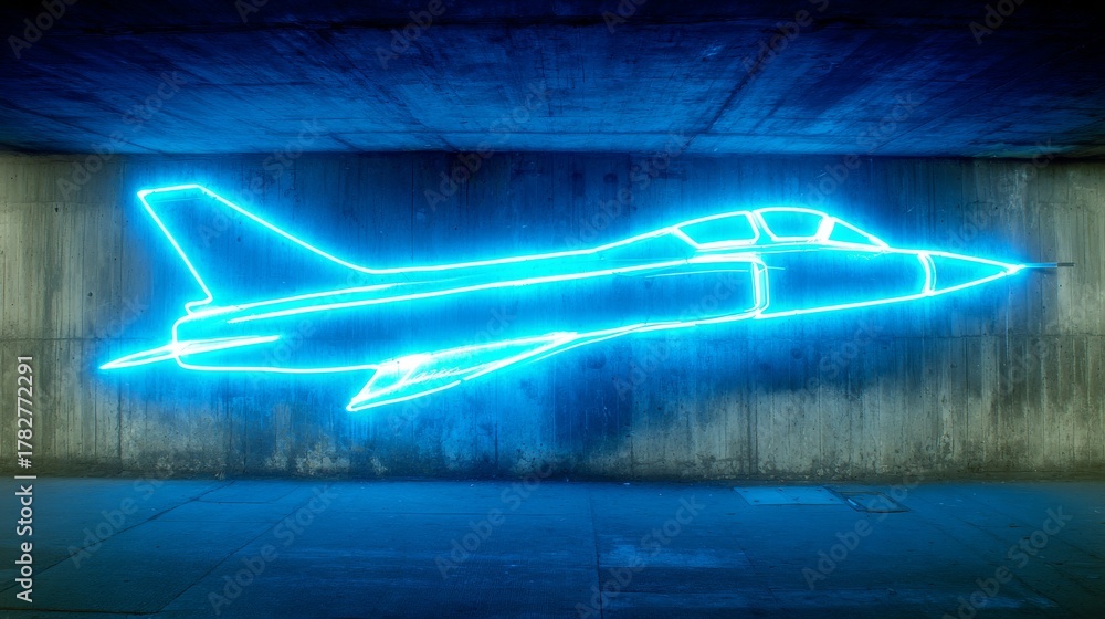 Obraz premium neon line drawing of a military fighter jet on a dark concrete wall, copy and text space