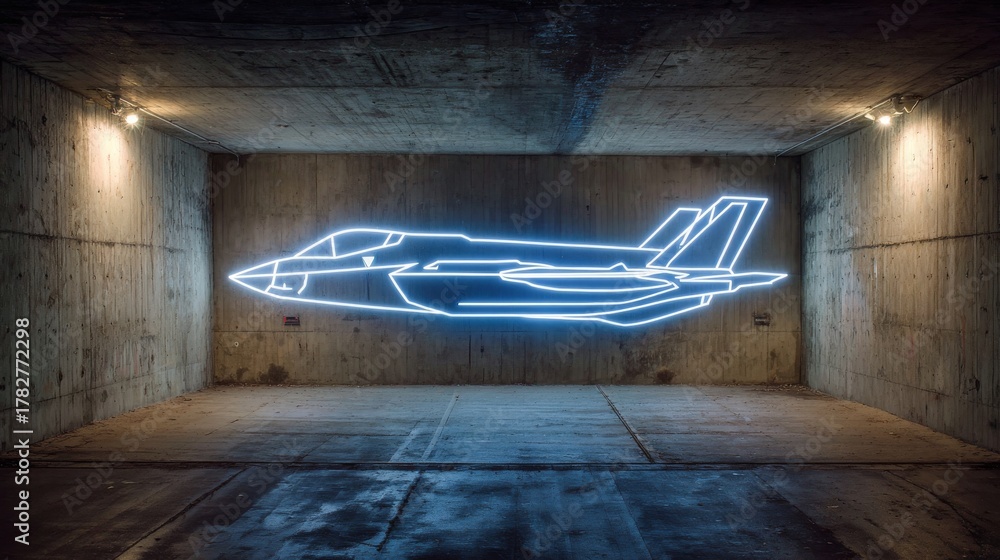Obraz premium neon line drawing of a military fighter jet on a dark concrete wall, copy and text space