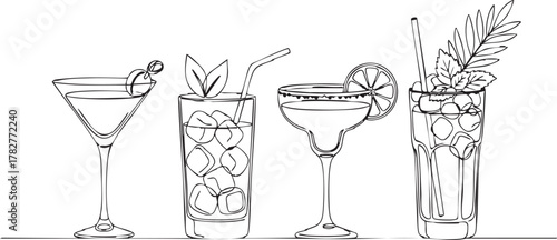 Elegant line art of classic cocktail drinks for bar menus and summer party invitations, showcasing refreshing summer beverages