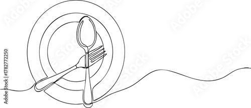 Elegant minimalist line art of a plate with fork and spoon for menus or food service designs offering a modern sophisticated touch