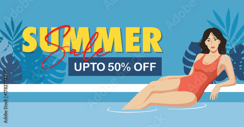 Vibrant Summer Sale Advertising a Woman in a Red Swimsuit Relaxing by the Pool