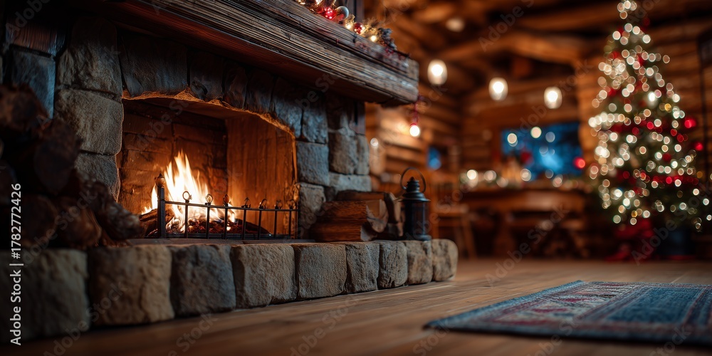 Obraz premium Cozy wooden cabin living room with roaring stone fireplace and bokeh-lit Christmas tree in warm glow. Rustic holiday hearth comfort, inviting festive winter sanctuary vibe.