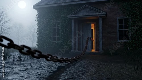 Eerie Foggy Night at an Old House with Glowing Doorway and Chains.