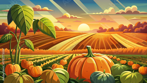 Very beautiful pumpkin and soybean field ready for harvest in southern Maryland near Leonardtown, featuring bright orange pumpkins, golden soybean rows, warm sunlight, and a realistic rural agricultur