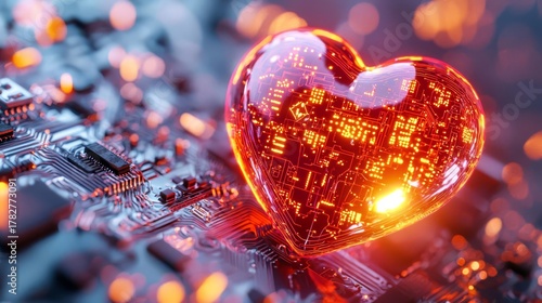 A glowing heart shape on a circuit board symbolizes love for technology and innovation.