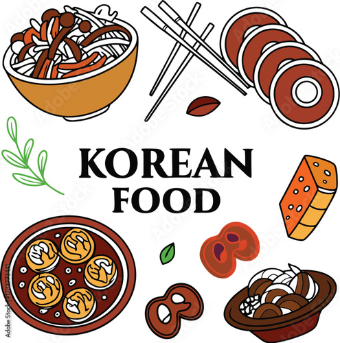 Vibrant korean delights food illustration with traditional elements and culinary icons