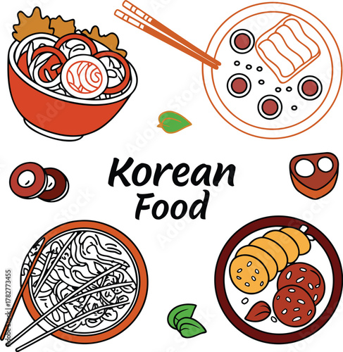 Vibrant korean cuisine food illustration with traditional elements and ingredients