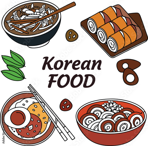 Vibrant korean food illustration featuring traditional dishes and ingredients with a modern artistic flair