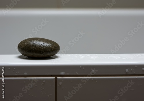 A smooth, wet river stone sitting on the edge of a clean white ceramic tub or shower floor, ready for use or decoration ,clean ,wellness ,natural
