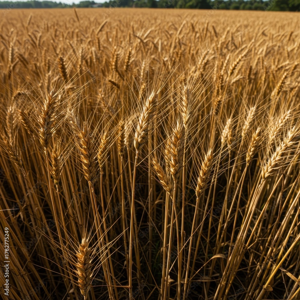 Fototapeta premium Golden barley grain stalks are fully ripe in the vast agricultural field. Large machinery cuts the crop during the warm, sunny harvest season activity, cultivation, technology, healthy