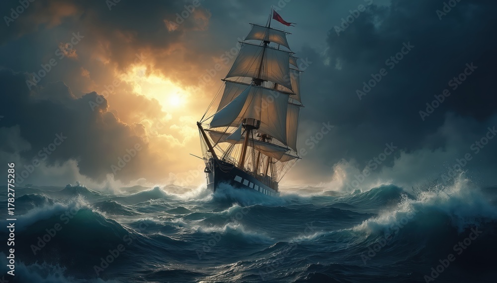 Naklejka premium A large sailing ship navigates rough, stormy seas under a dramatic sky with glowing clouds and a bright sun. The vessel pitches on large waves at night, its sails full of wind.