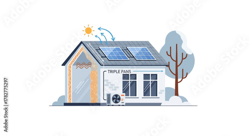 Ecofriendly house with solar panels and heat pump for sustainable energy. Vector Illustrations. EPS Editable