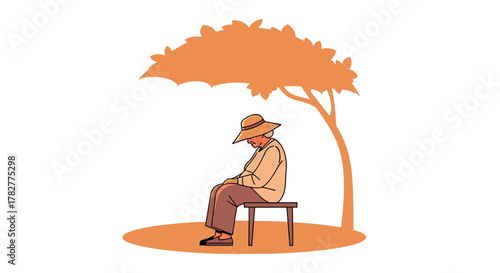 Elderly person resting under a tree in the shade. Vector Illustrations. EPS Editable