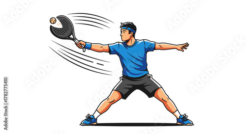 Dynamic Padel Player Hitting Ball with Racket in Action Pose. Vector Illustrations. EPS Editable