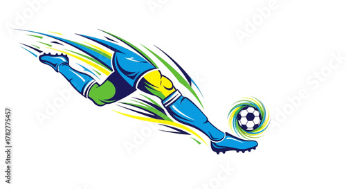 Dynamic Soccer Player Kicking Ball Action Illustration. Vector Illustrations. EPS Editable