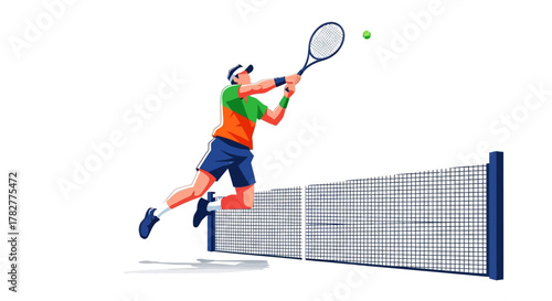 Dynamic Tennis Player Leaping Over Net to Hit Ball in Intense Match. Vector Illustrations. EPS Editable