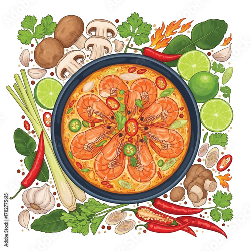 Thai food vector tom yum goong soup with shrimp and thai ingredients