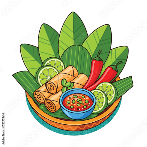 Thai food vector fresh spring rolls with chili, lime, and dipping sauce