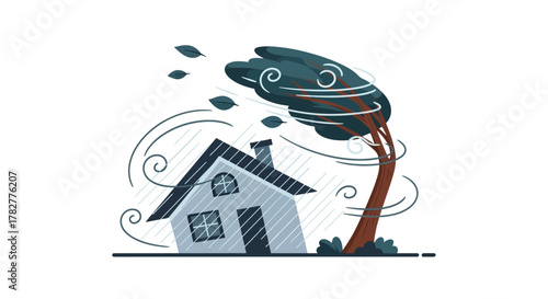 Illustration of a house and tree battered by strong winds and a storm. Vector Illustrations. EPS Editable