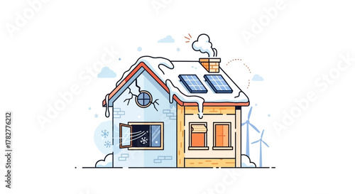 Illustration of a house divided into two halves one showing winter conditions and the other showing summer conditions. Vector Illustrations. EPS Editable