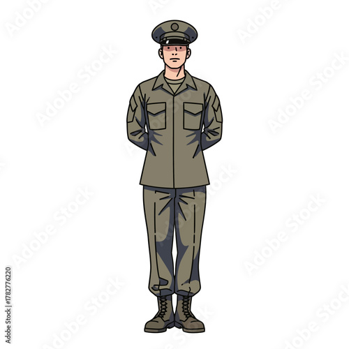 Illustration of a Soldier in Uniform Standing at Attention 1. Vector Illustrations. EPS Editable