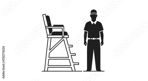 Illustration of a Tennis Umpire Standing Next to an Empty Chair. Vector Illustrations. EPS Editable