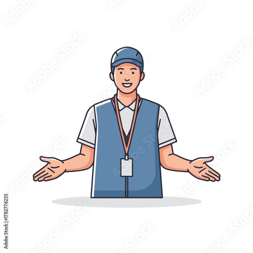 Friendly Man in Vest and Cap Welcoming with Open Arms. Vector Illustrations. EPS Editable